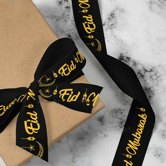 Eid Mubarak Printed Ribbon – Premium Black & Gold Gift Wrap Ribbon