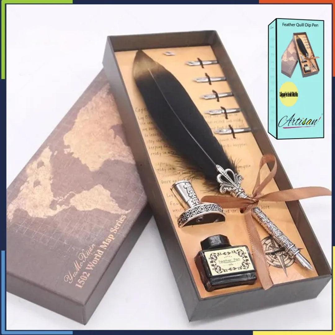 Artisan Feather Quill Dip Pen Calligraphy Pen Set with 5 Metal Nibs
