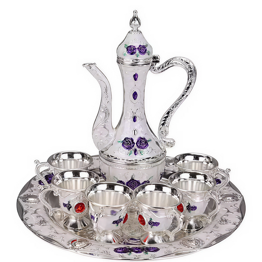 Metal Tea Pot Set with 6 Cups and Tray