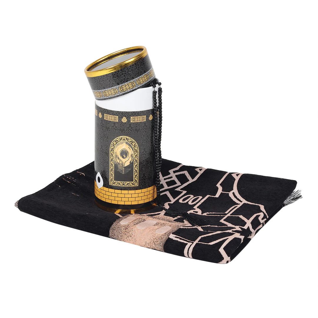 Intricate Kaaba Design Cylinder Gift Box With Muslim Prayer Rug & Prayer Beads | Islamic Gifts Set | Prayer Carpet Mat, Black
