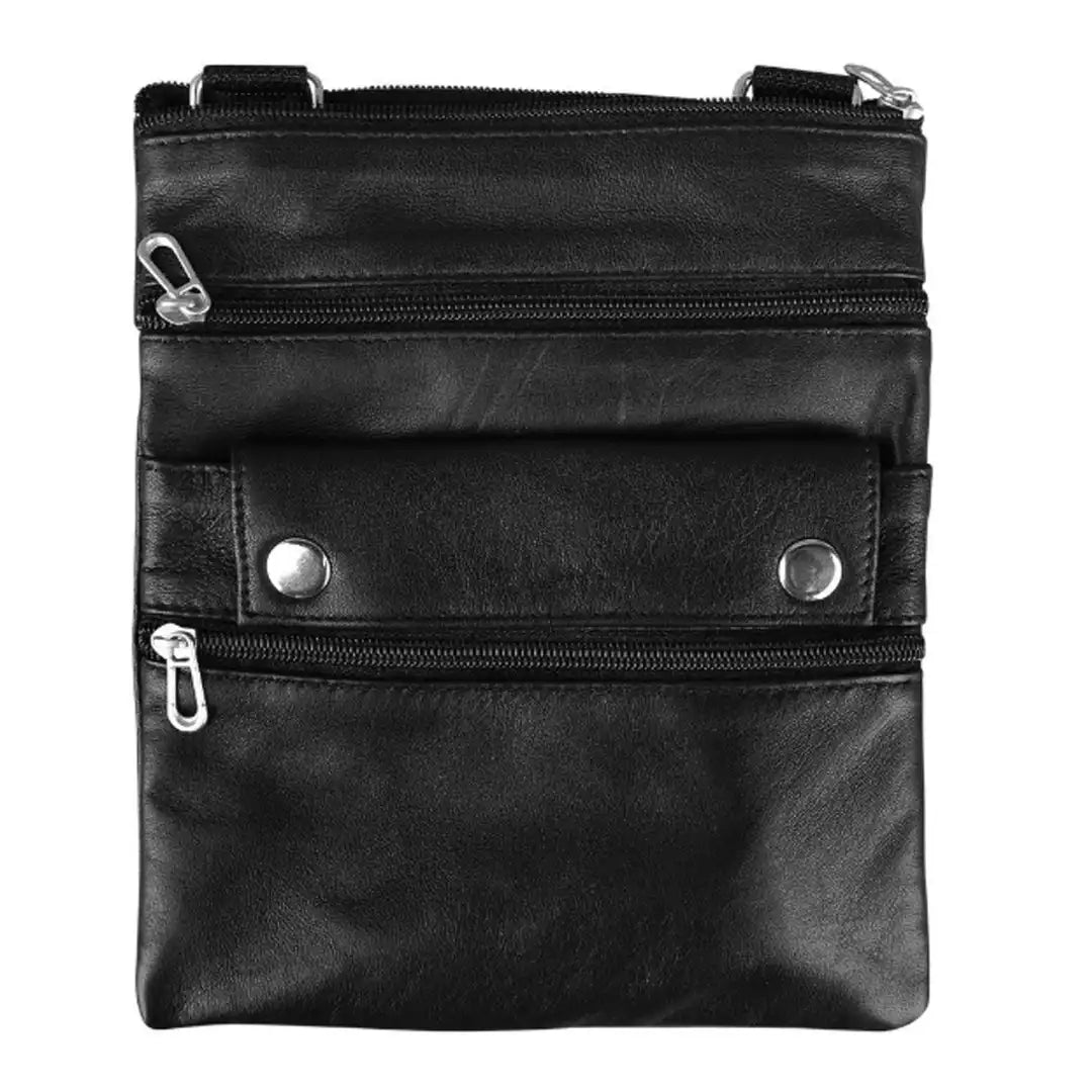 Pure Leather Shoulder Bag with Zipper Pockets Black for Men & Women